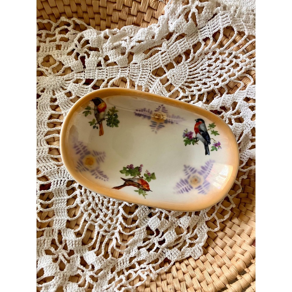 Vintage Lusterware Bird Dish: Hand Painted German Porcelain Tray